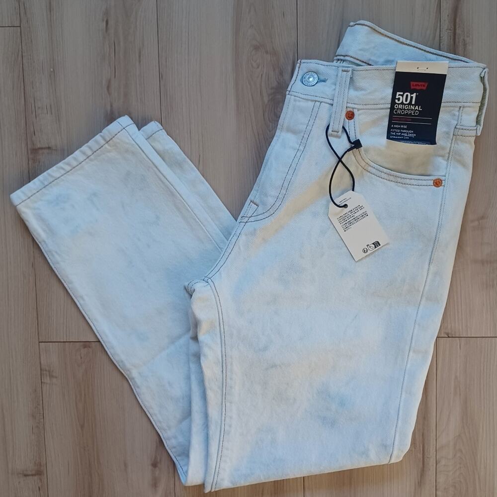 NWT Levi's 501 Original Cropped Jeans Acid Blue Splash Light Wash 25x26 RARE - Picture 2 of 13